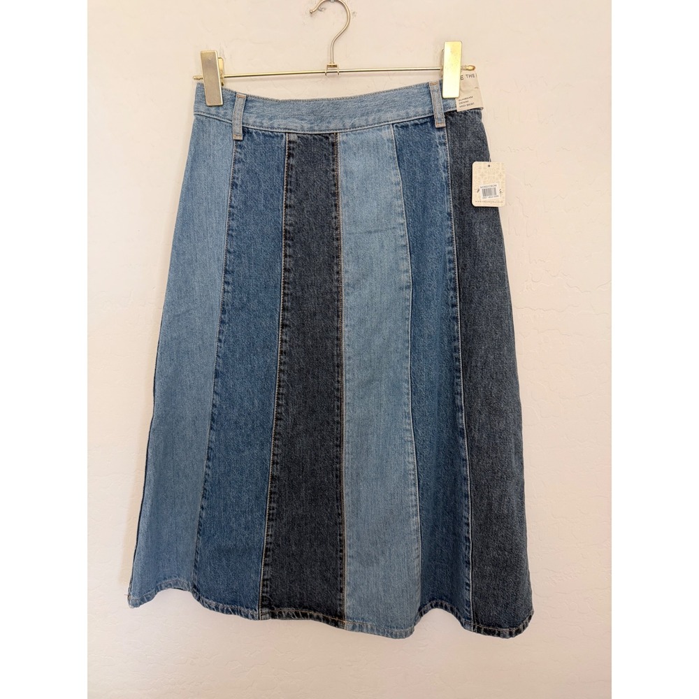 We The Free Sunbeam Denim Midi Skirt 28 Blue Patchwork Colorblock High Rise NWT